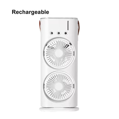 Dual Head Spray Tower Fan with Control Humidifier Rechargeable Desk Fan with 3 Wind Speed For Home Office Travel Camping