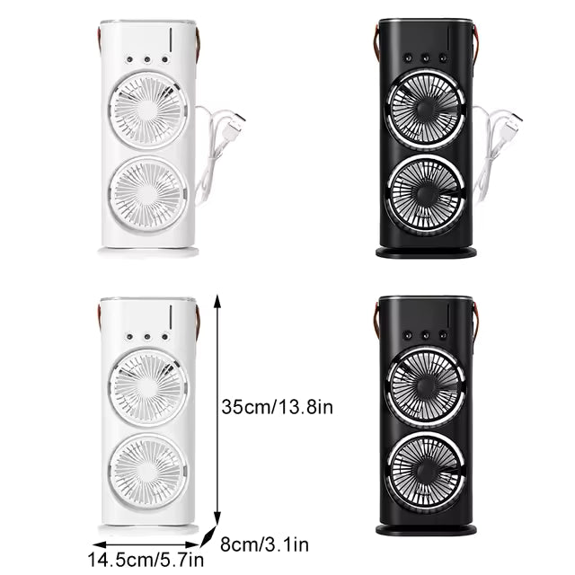 Dual Head Spray Tower Fan with Control Humidifier Rechargeable Desk Fan with 3 Wind Speed For Home Office Travel Camping