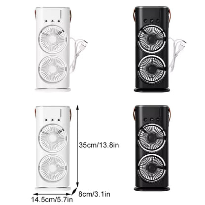 Dual Head Spray Tower Fan with Control Humidifier Rechargeable Desk Fan with 3 Wind Speed For Home Office Travel Camping