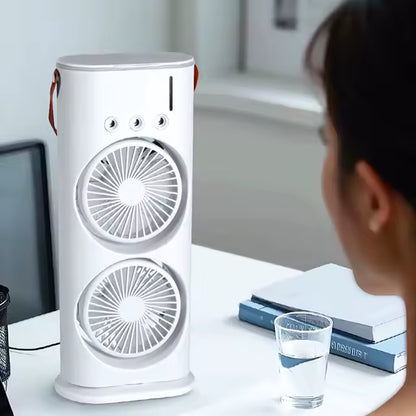 Dual Head Spray Tower Fan with Control Humidifier Rechargeable Desk Fan with 3 Wind Speed For Home Office Travel Camping