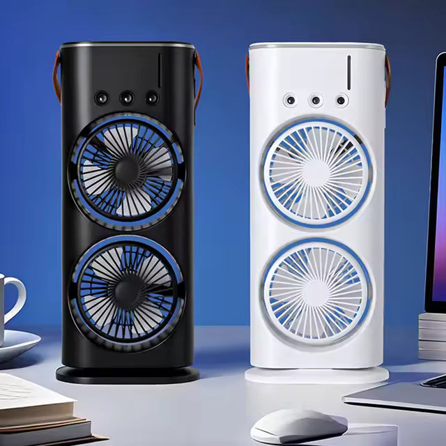 Dual Head Spray Tower Fan with Control Humidifier Rechargeable Desk Fan with 3 Wind Speed For Home Office Travel Camping