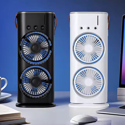 Dual Head Spray Tower Fan with Control Humidifier Rechargeable Desk Fan with 3 Wind Speed For Home Office Travel Camping
