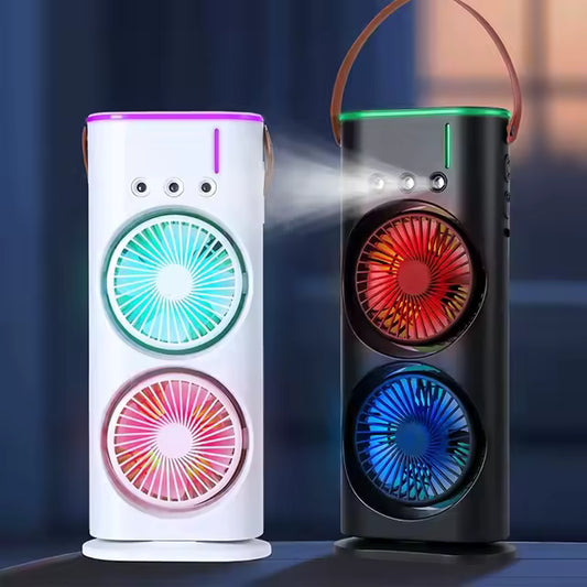 Dual Head Spray Tower Fan with Control Humidifier Rechargeable Desk Fan with 3 Wind Speed For Home Office Travel Camping