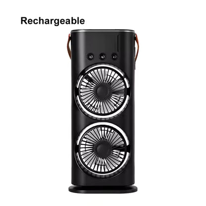 Dual Head Spray Tower Fan with Control Humidifier Rechargeable Desk Fan with 3 Wind Speed For Home Office Travel Camping